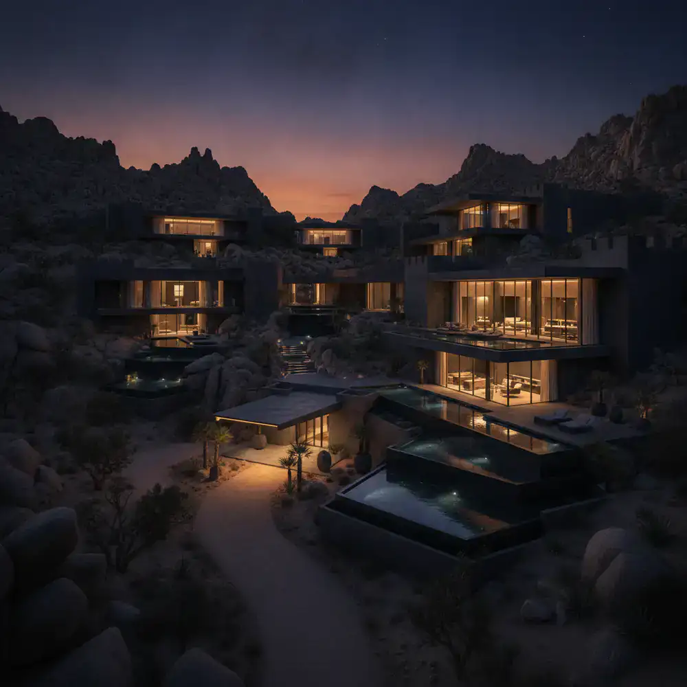 Vista arquitectónica de un resort premium en Estados Unidos