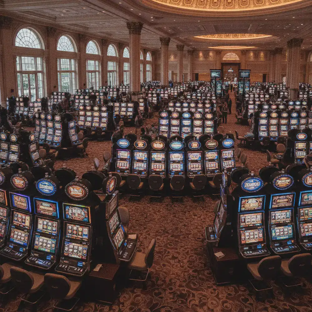 Amplia zona de máquinas tragamonedas en un resort, vista general informativa